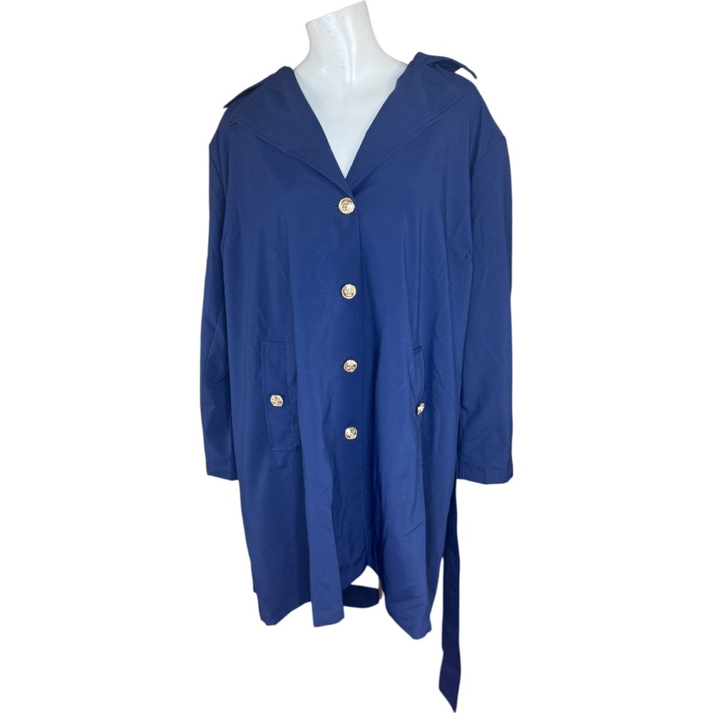 Dennis by Dennis Basso Blue Trench Coat Gold Crest Buttons Plus 4XP